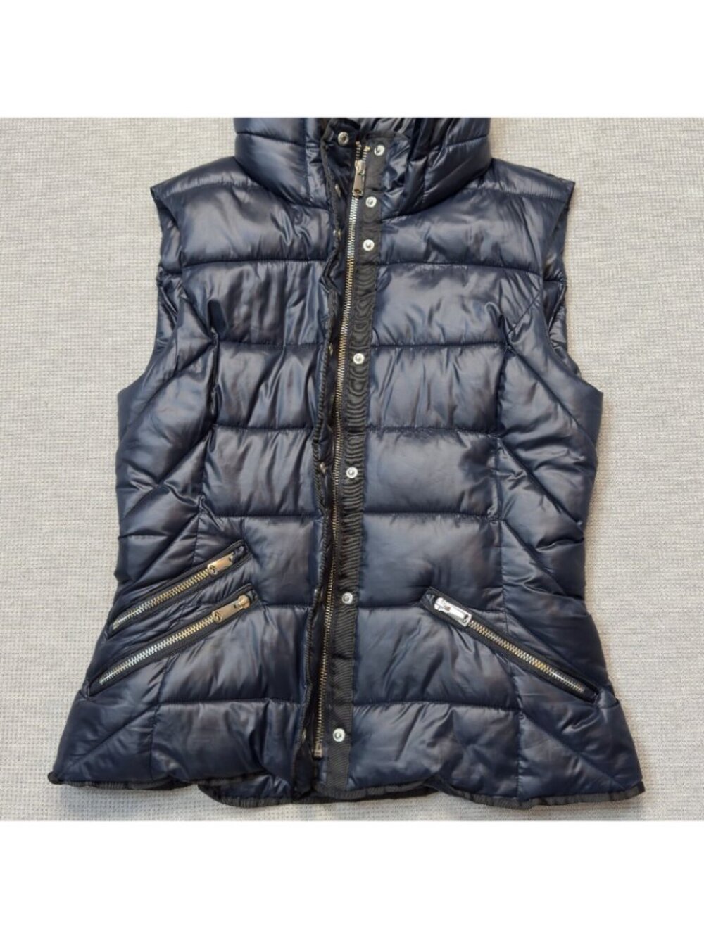 Zara Trafaluc Hooded Puffer Vest Womens Size S Blue Snap Zip Pockets Black Trim - Picture 7 of 16